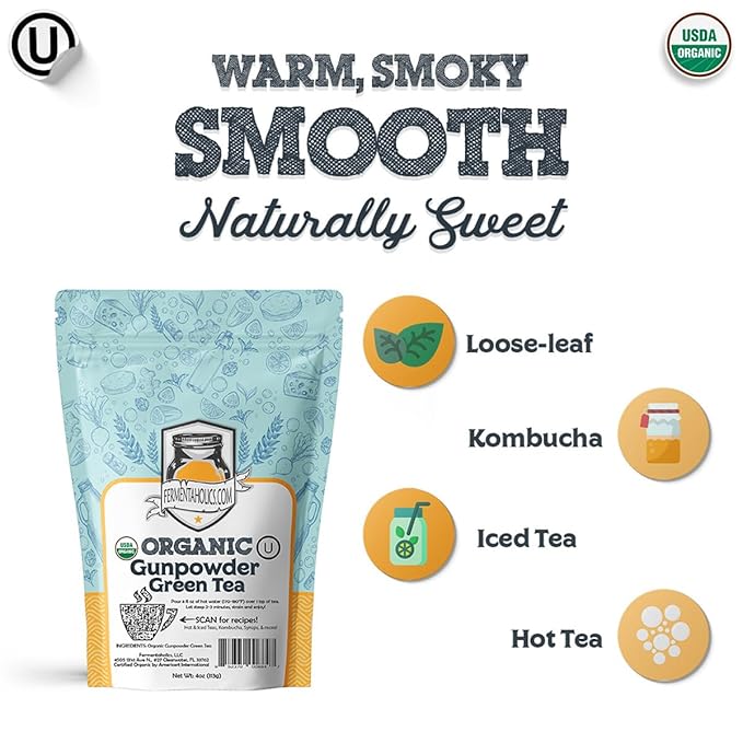 Fermentaholics Gunpowder Green Tea – 4 oz – USDA Organic Loose Leaf – OU Kosher – Great for Jun Kombucha Brewing, Hot or iced tea