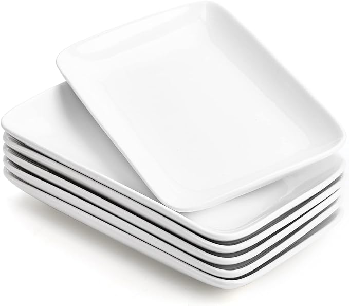 Foraineam Rectangular Salad Plates, 10 Inch White Porcelain Dessert Appetizer Plates Set, Dishwasher and Oven Safe Serving Platters for Sushi, Pasta, Fruit, Set of 6