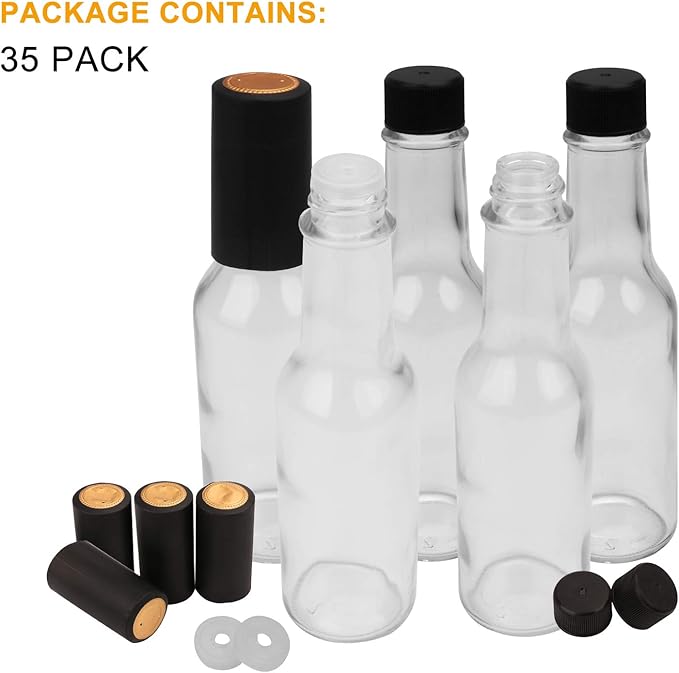 35 Pack 5oz Hot Sauce Bottles with Lids,Glass Woozy Bottles with Dripper Inserts and Shrink Capsules,Small Glass Wine Bottle for Homemade Sauces,Oils,Vanilla Extracts,Dressings,Gifting
