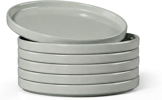 E-far 7.9 Inch Ceramic Dinner Plates, 6-Piece Stoneware Salad Plates with Raised Edges, Chip & Scratch Resistant | Microwave & Dishwasher Safe Dessert Dishes for Appetizer Salad, Speckled Green