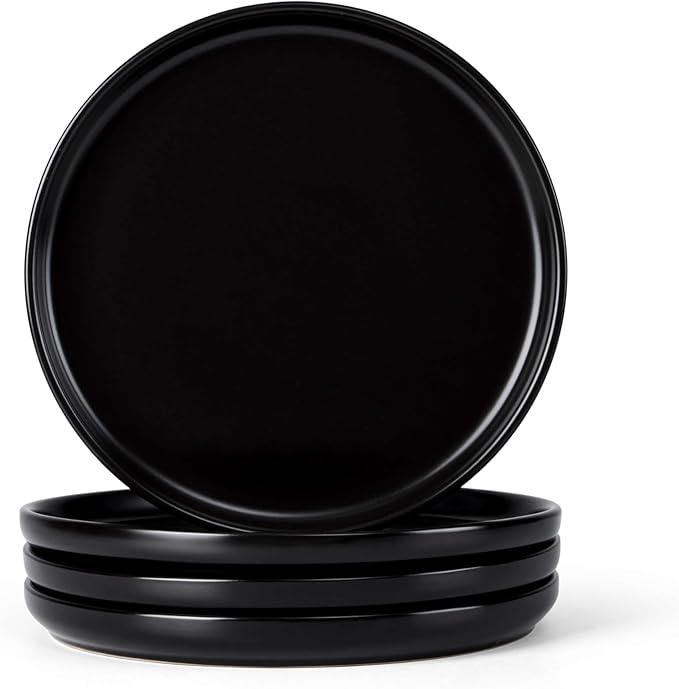 Herogo 4-Piece Stoneware Small Dinner Plates Set, 7.9" Ceramic Round Dessert Plate Set, Double Reactive Glaze Large Dinnerware Plates for Kitchen, Microwave, Oven and Dishwasher Safe, Matte Black