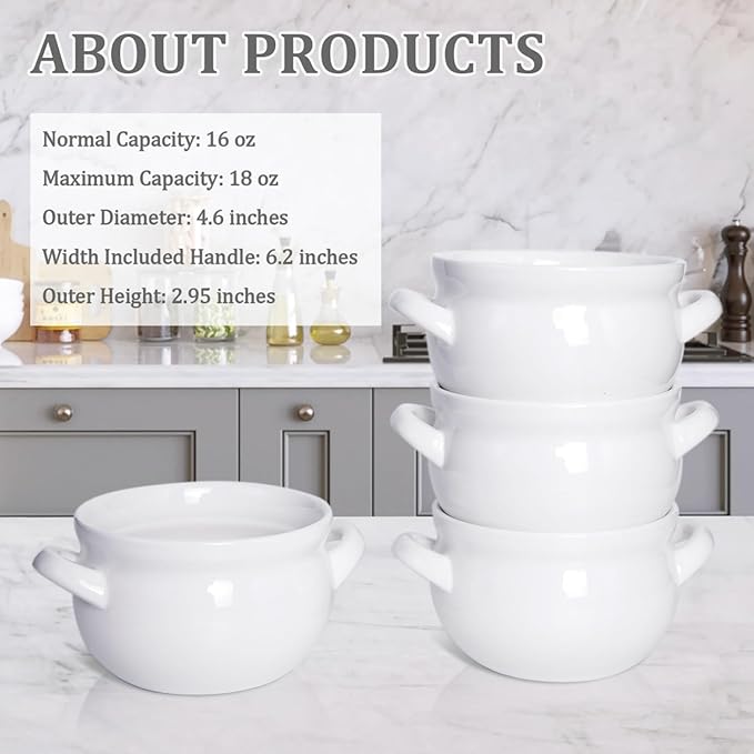 Vumdua Soup Bowls with Handles, 16 Oz Ceramic French Onion Soup Bowls - Stackable Oven Safe Bowls Serving Crocks for Soup, Cereal, Chilli, Pot Pies, Set of 4, White