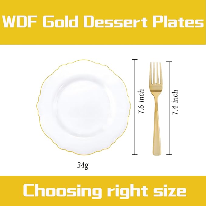 WDF 60pcs Gold Dessert Plates-7.5inch Baroque White and Gold Small Dessert Plates/Disposable Salad/Appetizer Plate for Upscale Party/Wedding/Birthday