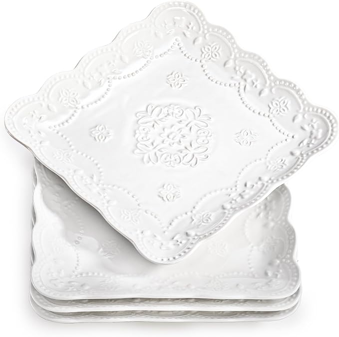 Tebery Set of 4 Square Embossed Ceramic Plate, 10 Inch Elegant Dinner Plates Ivory White, Appetizer Salad Serving Plates Kitchen Plates for Christmas Afternoon Tea Banquet Wedding Party Steak Pasta