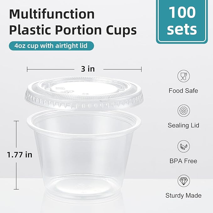 AOZITA 100 Sets - 4 oz Portion Cups With Lids, Jello Shot Cups, Small Plastic Containers, Airtight and Stackable Souffle Cups