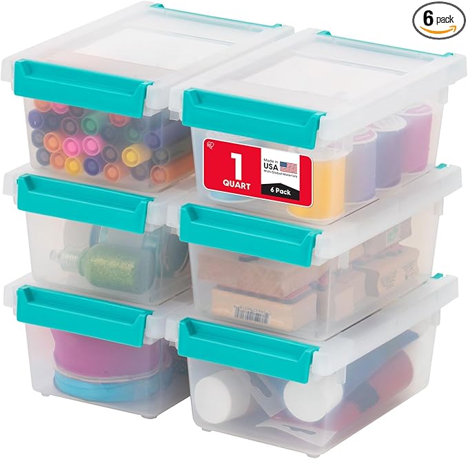 IRIS USA 1 Qt. Craft Storage Bins with Lids, 6-Pack, |Made in USA|, Clip Box, Small Plastic Sensory Bin Tote Organizer Containers for Art Supplies, Paper, & Office, Stackable - Clear/Seafoam Blue