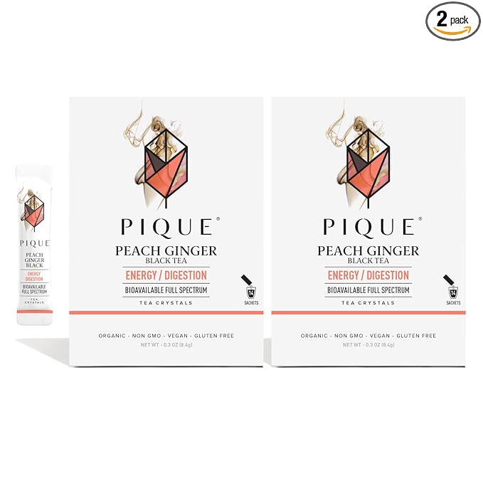 Pique Organic Peach Ginger Tea Crystals - Caffeinated Black Tea For Energy, Prebiotic Polyphenols Supports Healthy Digestion - 28 Single Servings (2 Pack)