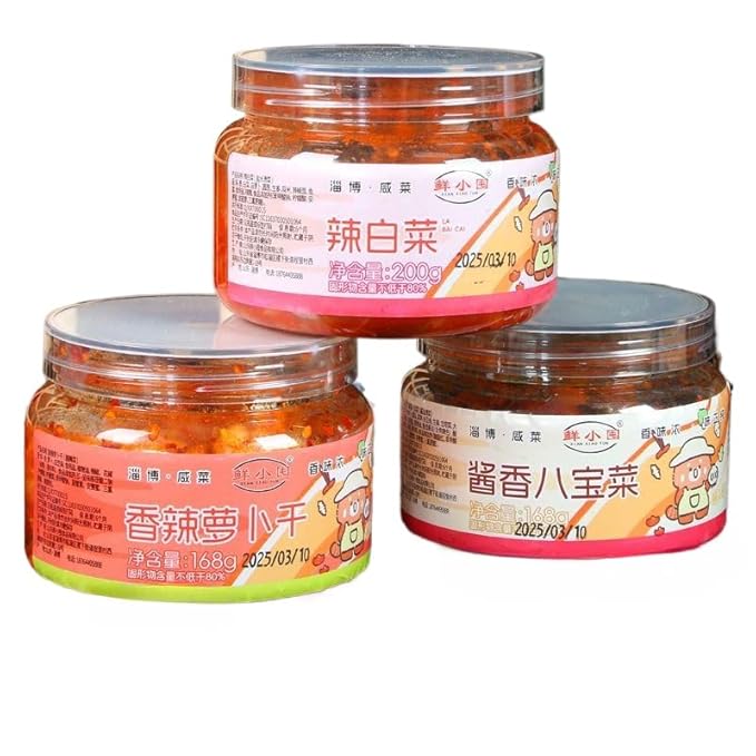 Spicy and crispy dried radish, Korean sweet and spicy kimchi, mixed pickled vegetables, side dishes, chili sauce, Laba garlic, seasoning, Chinese specialty, condiment (Mix 3 flavors,3 cans)