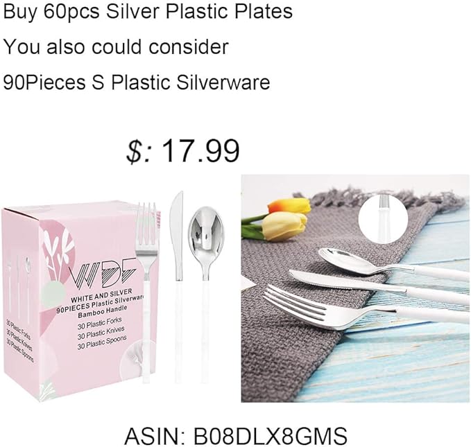 WDF 60pcs Silver Plastic Plates-Baroque White &Silver Plates for Upscale Parties &Wedding-including 30Plastic Dinner Plate 10.25inch, 30 Salad Plate 7.5inch for Baby/Shower/Wedding/Independence Day