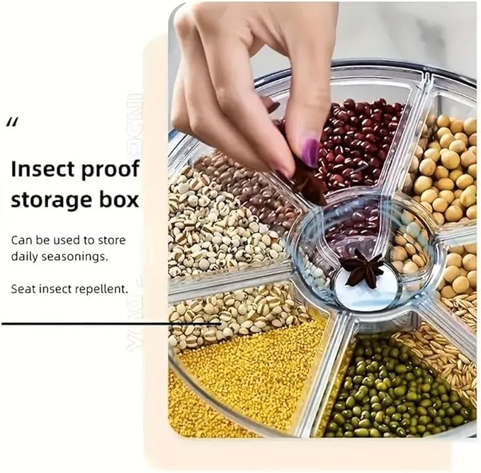 Rotating grain distributor, 6-grid large rice storage container for storing rice, beans and cat food, sealed and moisture-proof, large size.