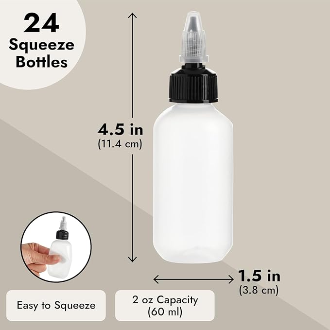 Juvale Round Squeeze Bottles - Precision Sauce Containers - Oil Dispenser & Salad Dressing Container - Craft Mixing Bottles - 2 Fl Oz, Pack of 24