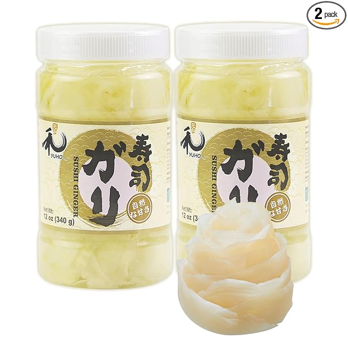 YUHO Pickled Sushi Ginger 24 Oz Japanese White Sushi Ginger Gari Fat Free, Sugar Free, Kosher, Low cal – 2 Jars of 12 oz