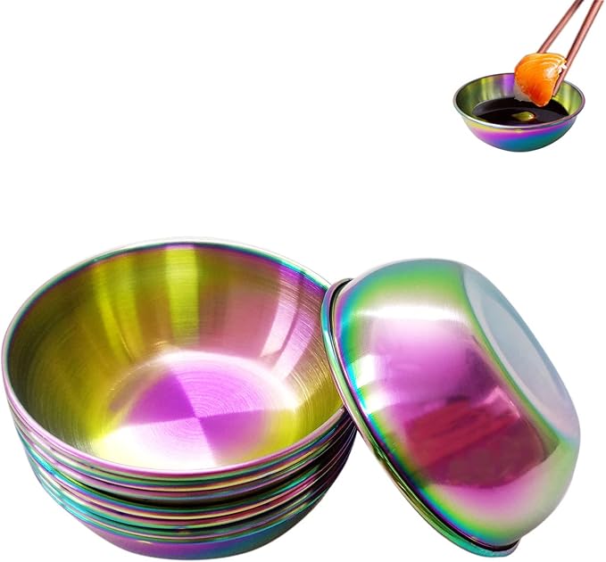 8Pcs Mini Stainless Steel Dipping Sauce Bowls, Dishes, Round Seasoning Saucers, Small Individual Appetizer Plates, Sushi Dipping Bowl, Rainbow 3.27"x3.27"x1.14"