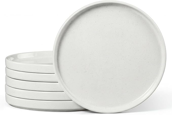E-far White Dinner Plates Set of 6, 10.5 Inch Stoneware Dinner Plates with Raised Edges, Chip & Scratch Resistant | Microwave & Dishwasher Safe Modern Ceramic Dishes for Dessert Salad, Speckled White
