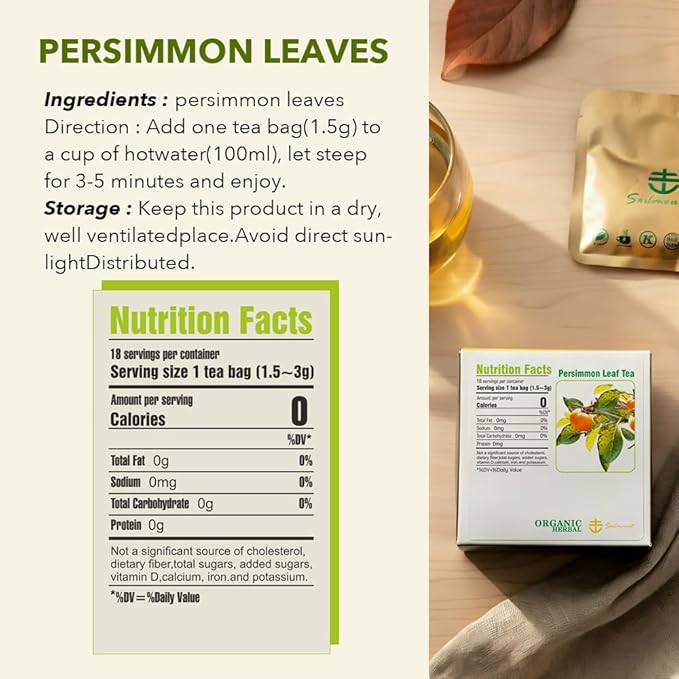 Soilmount - Persimmon Leaf Tea - Pure Herbal Tea - Natural, Organic, Non-GMO, Clean Ingredients, Caffeine Free (18 Tea Bags, Box 1)