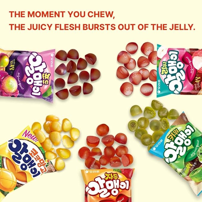 Korean Fruit Jelly Candy – Assorted Chewy Gummy Snacks – 5 Fruity Flavors (Grape, Plum, Lychee, Kiwi, Mango) – Individually Wrapped – Perfect for Kids & Adults – 알맹이젤리 (Grape–1.26oz(36g) × 6pack)