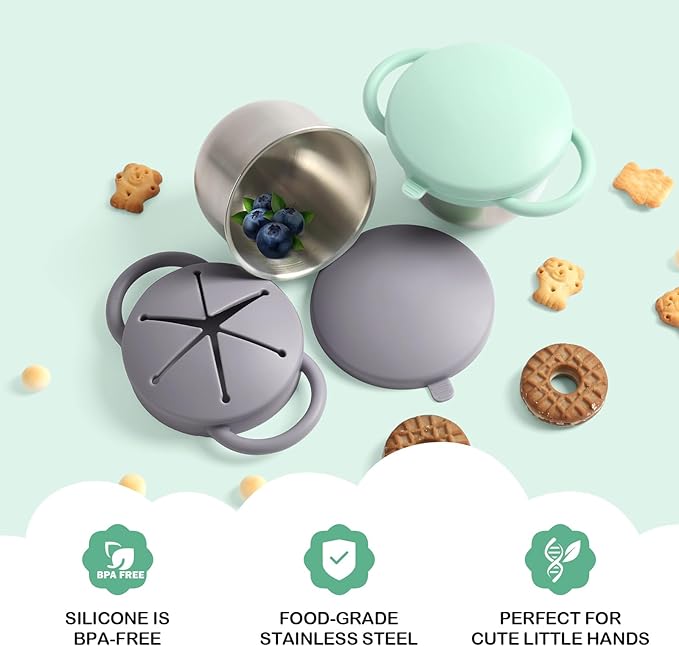 Daximo 2 Pack Snack Cups for Toddlers Spill Proof - Detachable Stainless Steel Toddler Snack Cups with Silicone Lids & Handles - Dishwasher Safe Baby Snack Containers (Matte Gray and Mint Green)