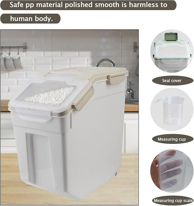 50 lb Flour Storage Container, 2 Pack Rice Storage Container with Measuring Cup/Wheels Seal Locking Lid for Flour, Rice, Grain, Cereal, Dry Food Dispenser Organizer Storage Bin (Grey)