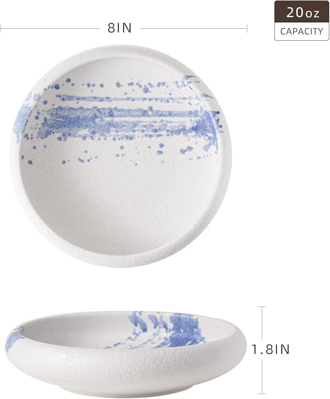 Uaral Salad Plate Stone Plates 8 Inch Pasta Plates Portion Plate Japanese Serving Dishes Set of 2,20 oz(Blue Stone Texture)