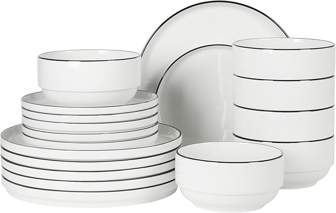 Gibson Home Rothernberg Plates and Bowls 18 Piece Porcelain White Dinnerware Set W/Black Rim | Stackable Dishes | Microwave & Dishwasher Safe