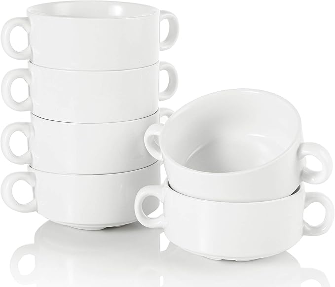Foraineam Porcelain Bowls with Double Handles 10 Ounce White French Onion Soup Crocks Round Stackable Bowls for Soup, Cereal, Oatmeal, Set of 6