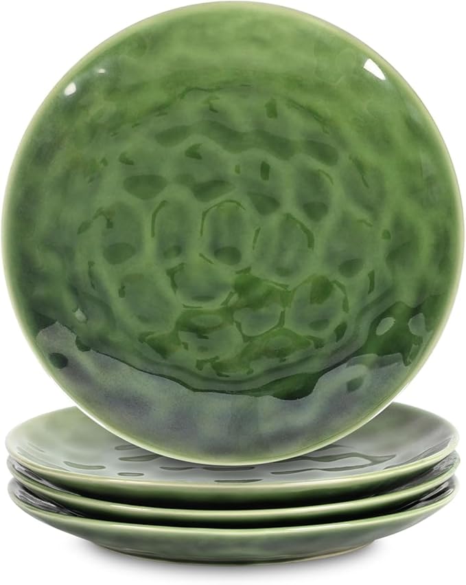 vicrays Ceramic Dinner Plates Set, 10.5 Inch, Set of 4, Round, Microwave, Oven, Dishwasher Safe, Porcelain Fluted Suitable for Steak, Pasta, Pizza, Home, Party, Restaurant (Green)