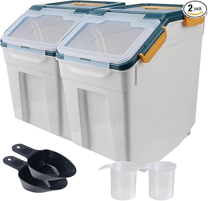 50lb Flour Storage Container with Lid, 2 Pack Large Airtight Rice Storage Container with Wheels, Measuring Cup, Scoop, for Sugar Grain Cereal Dry Food, Rice Dispenser, Pantry Organization (Dark Blue)