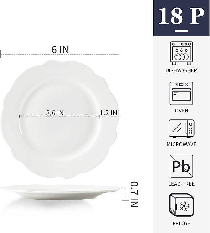 6 Inch Porcelain Small Dinner Plates Set of 18, White Leave Wave Rim Appetizer Plates, Dessert Salad Plates, Ceramic Serving Dishes for Cake, Snack, Ice Cream, Waffles, Microwave, Dishwasher Safe