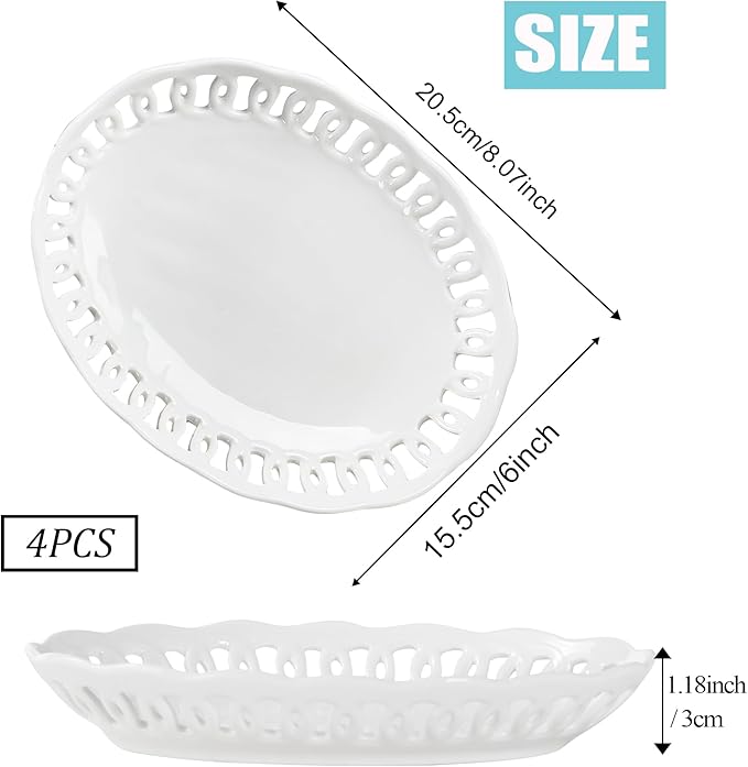 4 Pack Small Lace Serving Plates, 8" x 6" Oval Ceramic Dinner Plates for Dessert Appetizer Salad Bread Fruit Snack, Cute Side Dishes Set of 4 to Home Kitchen Party & Gift, Microwave & Dishwasher Safe