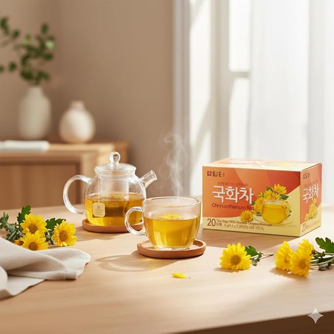 Damtuh Chrysanthemum Tea Bags, Korean Herbal Flower Tea, Caffeine-Free Soothing Floral Tea, 20 Tea Bags