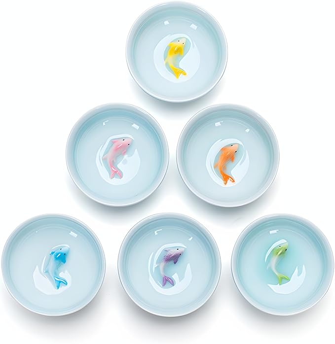 Yixing Handmade Celadon Colorful Koi Fish Teacup(Set of 6),Chinese Gongfu Tea Cup,Japanese Teacup, Korean Soju Shot Glasses Set (Koi Cups)