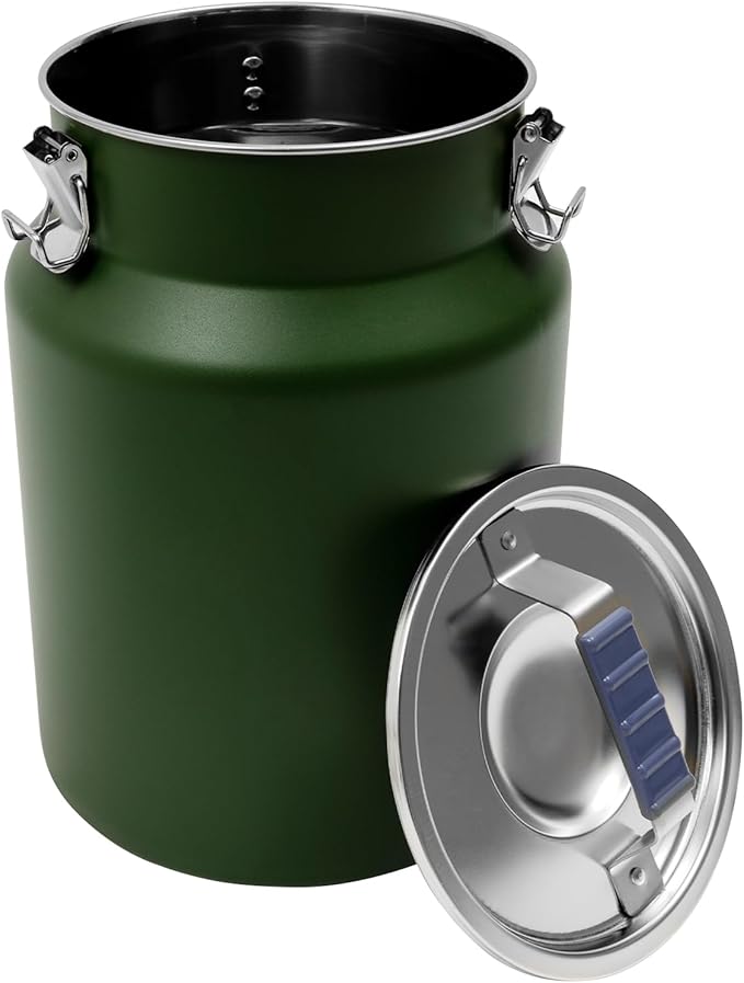 12L/3.17Gal Stainless Steel Airtight Canister Round Green Food Storage Canisters with Airtight Lid&Locking Clamp Rice Cereal Grain Canisters Container Bucket for Rice Milk Jug Coffee Bean Storage