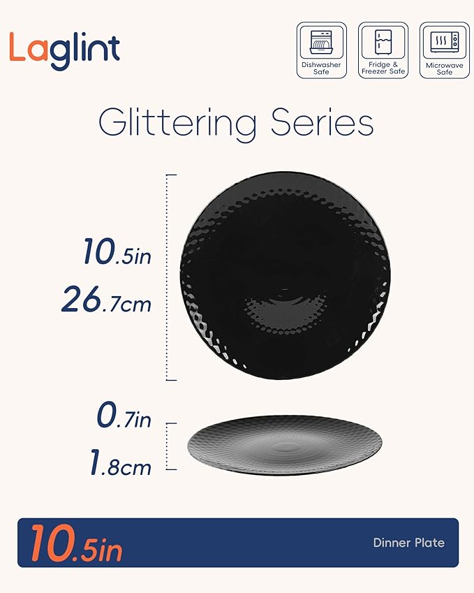 LaGlint 10.5 inch Dinner Plate Set of 6, Round Opal Glass Black Geometric Faceted Dinnerware Plates, Dishwasher and Microwave Safe