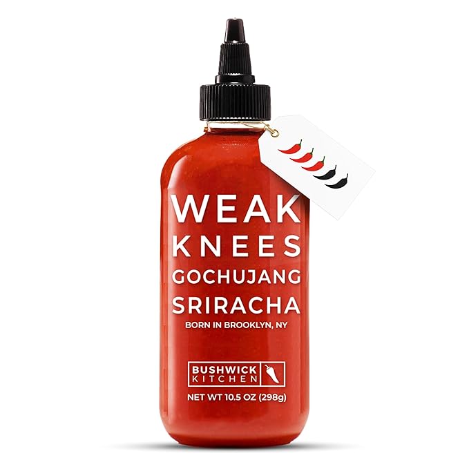 Weak Knees Gochujang Sriracha Hot Sauce - Infused with Bold Korean Gochujang Paste & Classic Spicy Sriracha for Noodles, Rice & Marinades - Made in the USA - 10.5oz Squeeze Bottle