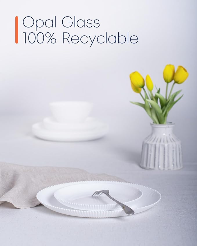 LaGlint 10.5 inch Ribbed Dinner Plate Set of 6, Round Opal Glass White Dinnerware Plates, Dishwasher and Microwave Safe