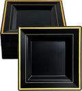 JOLLY CHEF 60 Pack Halloween Birthday Plastic Plates- Square Gold Plastic with Elegant Gold Rim 9.5 Inch Black Disposable Plates for Wedding, Birthday, Halloween and Party