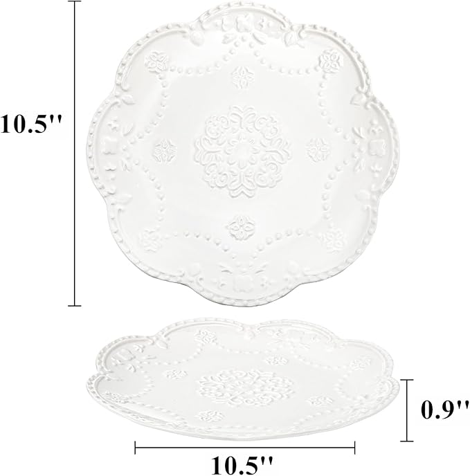 Tebery Set of 4 Ceramic Dinner Plate, 10.5 Inch Large Embossed Lace Salad Serving Plates, Elegant Appetizer Dessert Dishes for Wedding, Party, Restaurant, Kitchen, Microwave Dishwasher Safe, White