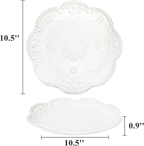 Tebery Set of 4 Ceramic Dinner Plate, 10.5 Inch Large Embossed Lace Salad Serving Plates, Elegant Appetizer Dessert Dishes for Wedding, Party, Restaurant, Kitchen, Microwave Dishwasher Safe, White