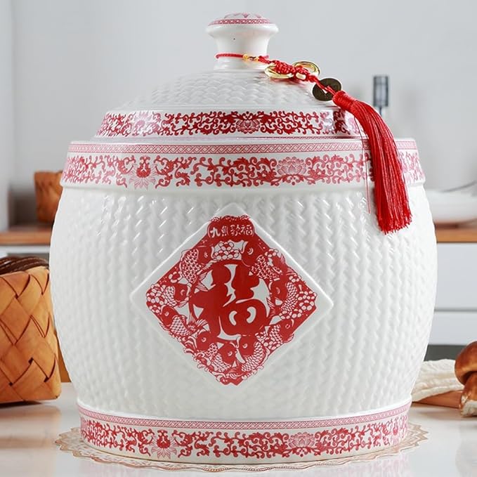 Grain and Rice Storage Container Ceramic Rice Dispenser Storage Container Large Capacity Grain Dispenser Food Dispenser Airtight Storage Chinese Rice Dispenser(10KG)