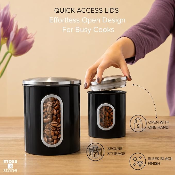 Moss & Stone 3-Piece Black Canisters Sets For The Kitchen, Airtight Canister Set With See Through Window, Storage Jars for Coffee Container, Tea Organizer & Sugar Canister, Black Kitchen Canisters