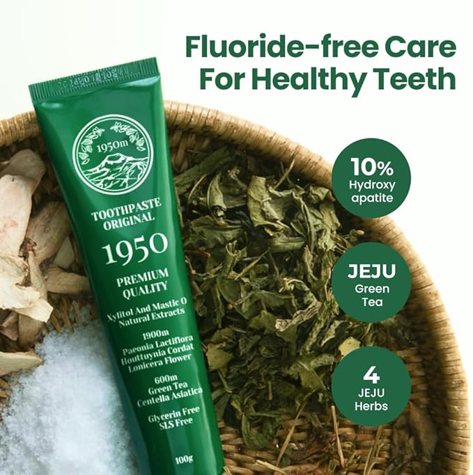 1950 Jeju Original Green Tea Toothpaste, Jeju Green Tea, Fluoride-Free Natural Formula with Hydroxyapatite, Sensitive Teeth, Gum Care, Brightening, Remineralizing, SLS-Free, Green Tea Taste (3.5 oz)