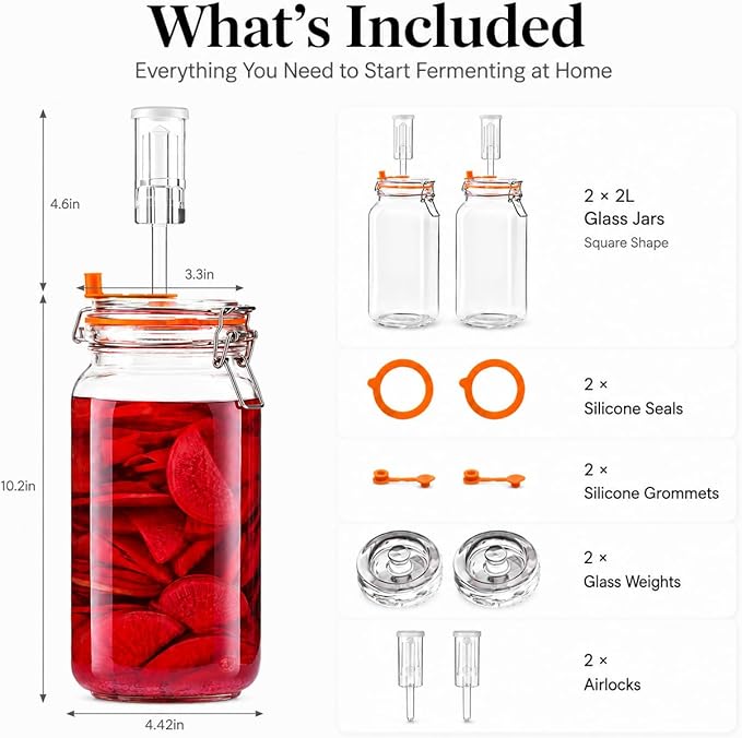 2L Wide Mouth Fermentation Jars, Pack of 2 Complete Fermenting Kit with Airlocks & Glass Weights for Sauerkraut, Kimchi & Pickles