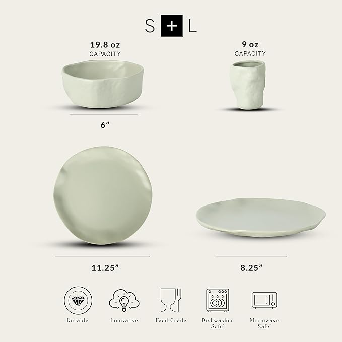 Stone by Mercer Project Atik Modern Stoneware 32-Piece Dinnerware Set, Plate and Bowl Set, Dish set for 8, Sage-Grey