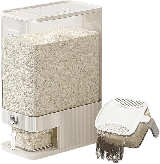 Rice Dispenser,25 Lbs Rice Storage with Measuring Cup and Dial,One-Touch Cereal Dispenser,Sealed Moisture Proof for Rice, Corn,Soybean, Oatmeal (22-27 Lbs(10-12.5kg))