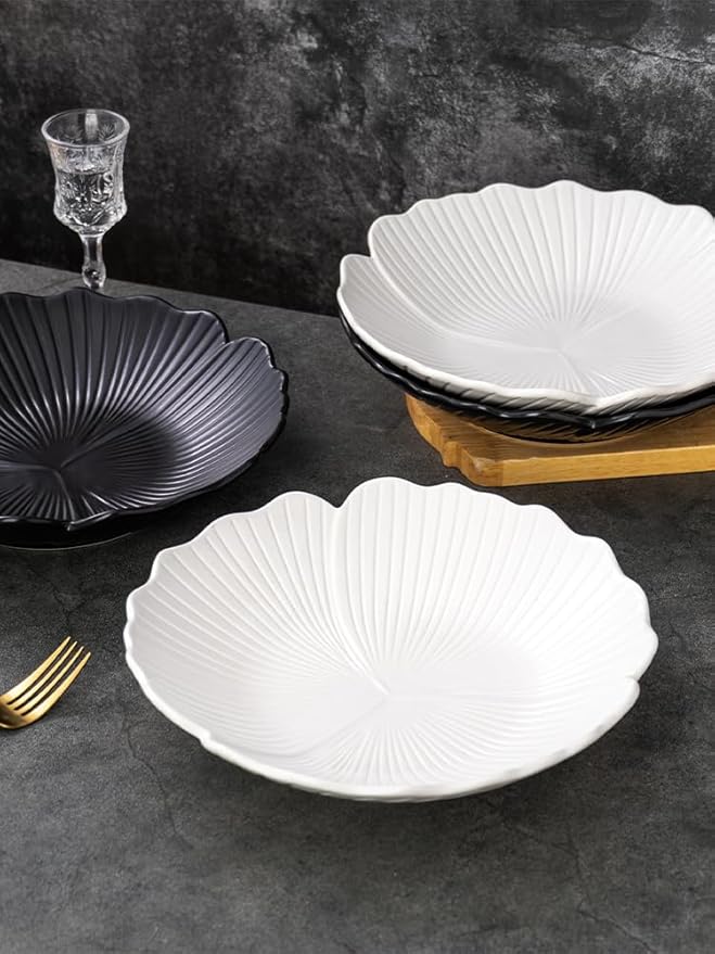 CLAY TONIC Set of 3-10 Inch Japanese Style Flower Petal Shaped Porcelain Round Dinner Plates, Versatile Circular Serving Plates for Pasta, Salad, Steak Dinner (White, 10 Inches)