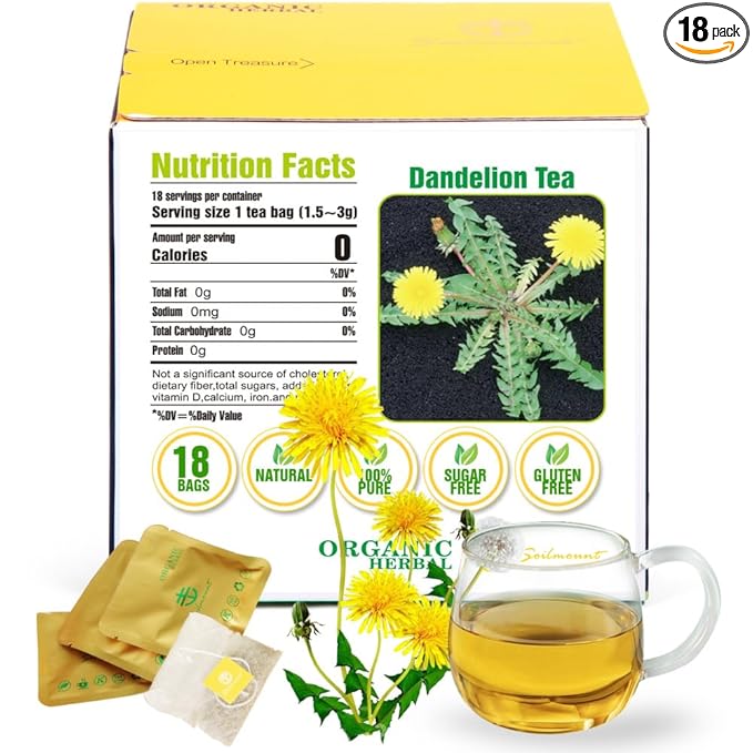 Soilmount - Dandelion Tea - |Dandelion Leaves|pu gong ying|蒲公英| - Pure Herbal Tea - Natural, Organic, Non-GMO, Clean Ingredients, Caffeine Free (18 Tea Bags, Box 1)