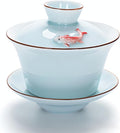 Yixing Handmade Celadon Colorful Koi Fish Gaiwan,Chinese Gongfu Tea Cup,Japanese Teacup, Tea Bowl with Lid and Saucer(Gaiwan)