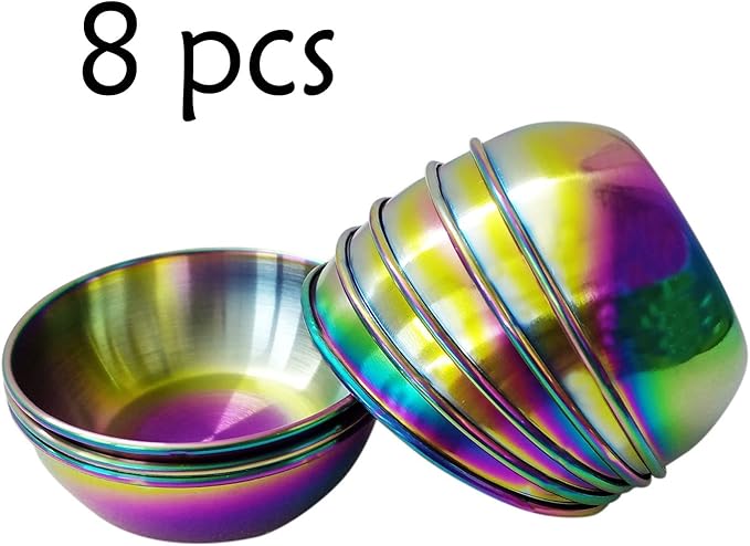 8Pcs Mini Stainless Steel Dipping Sauce Bowls, Dishes, Round Seasoning Saucers, Small Individual Appetizer Plates, Sushi Dipping Bowl, Rainbow 3.27"x3.27"x1.14"