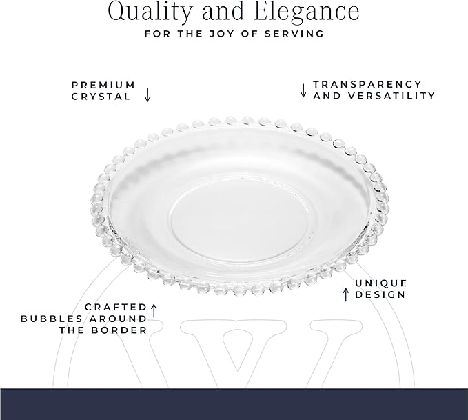 WOLFF - Set of 4 Pearl Beaded Crystal Dessert Plates, Clear Glass 8 Inch Salad Appetizer Starter Plates, Luxury Dinnerware Kitchen Accessories- Clear 8"
