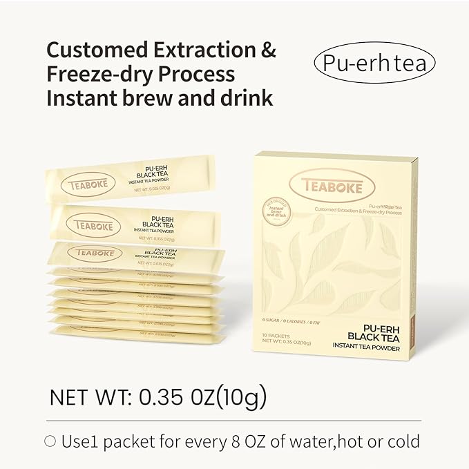 Instant Pu-erh Black Tea Powder,Unsweetened Black Tea Powder for Quick Hot & Cold Beverages,Classic - 100% Tea Leaves, No Additives,Caffeinated (10 Single Serve Packets)